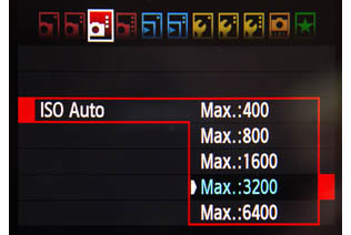 7D Auto ISO Maximum selection screen